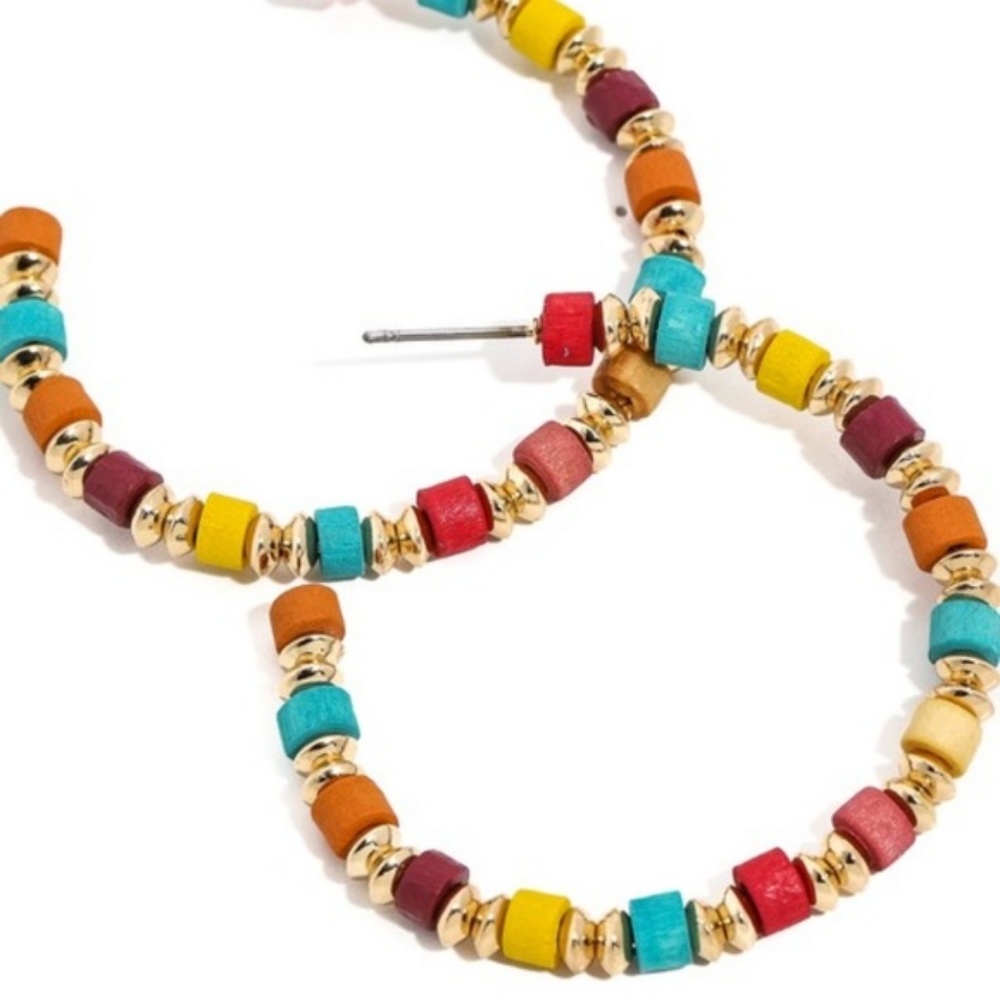 Moroccan Beaded Gold Metallic Hoop Earrings - Picture 3 of 3